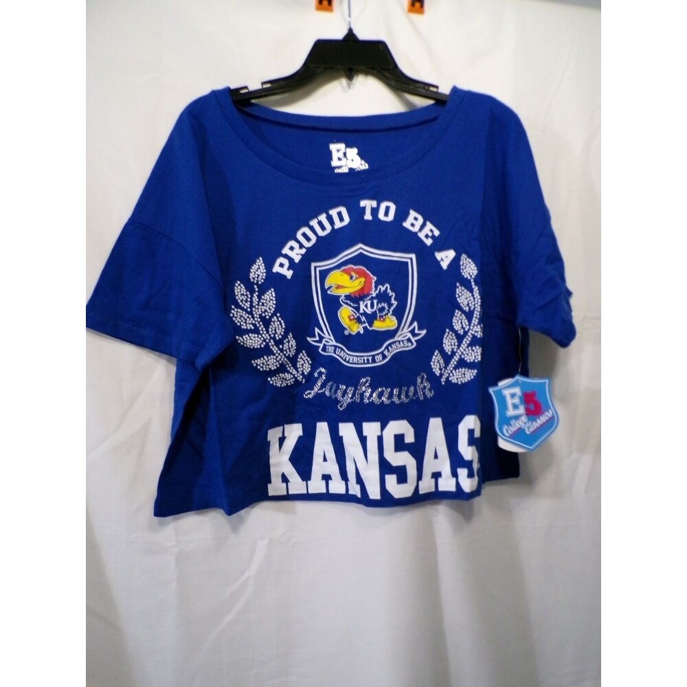 E5 College Classics Kansas Jayhawks Women's Cropped T-Shirt Large Blue
